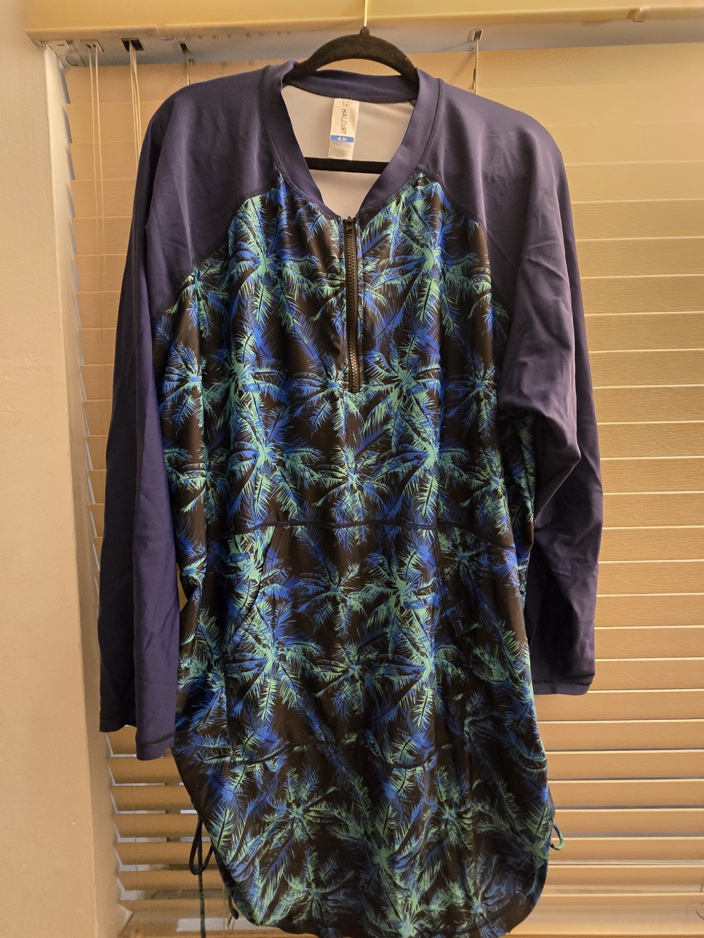 Women's Long-Sleeve Palm-Print Sun Protection Beach Dress – Navy/Blue